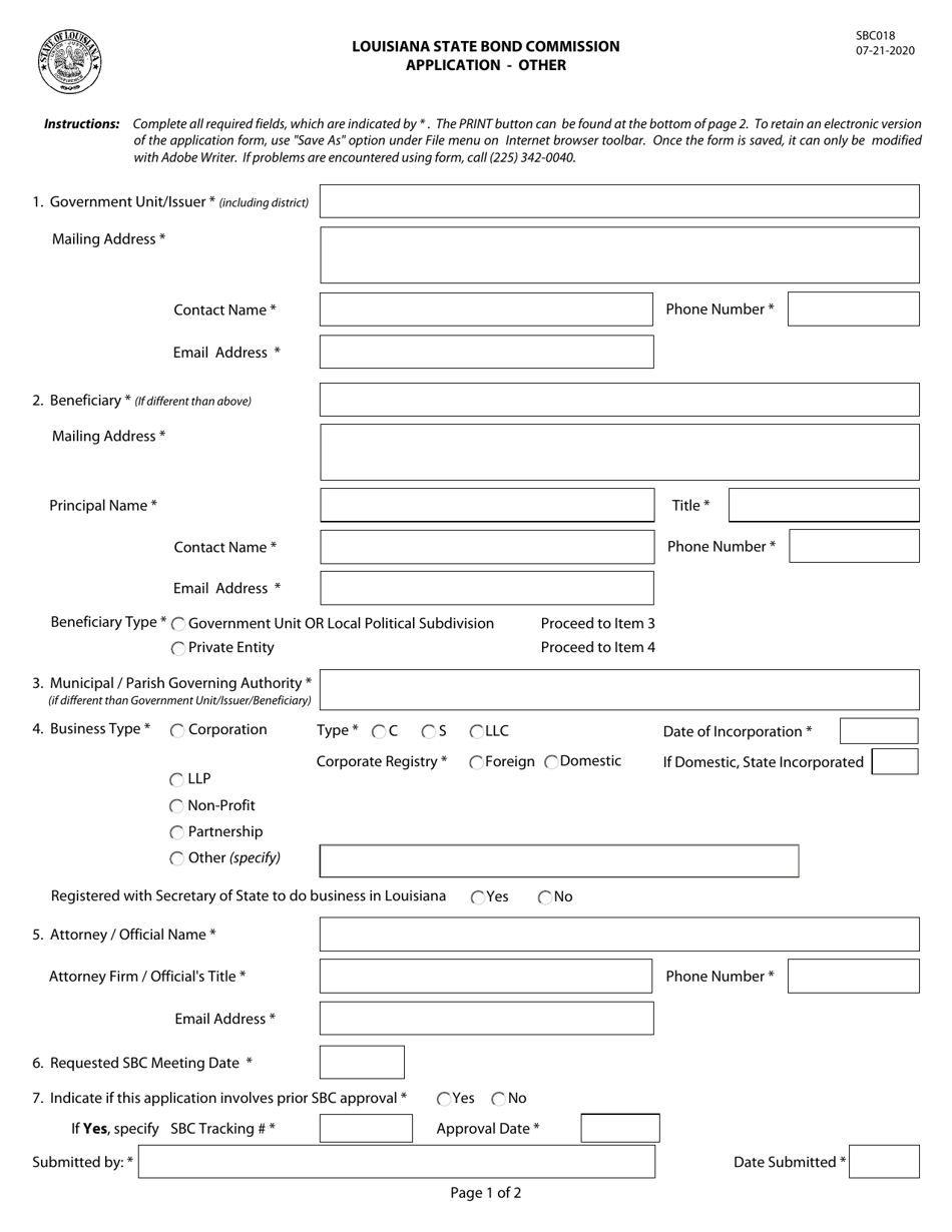 Form SBC018 Application - Other - Louisiana, Page 1