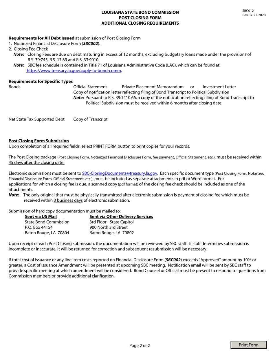 Form SBC012 Post Closing Form - Louisiana, Page 2