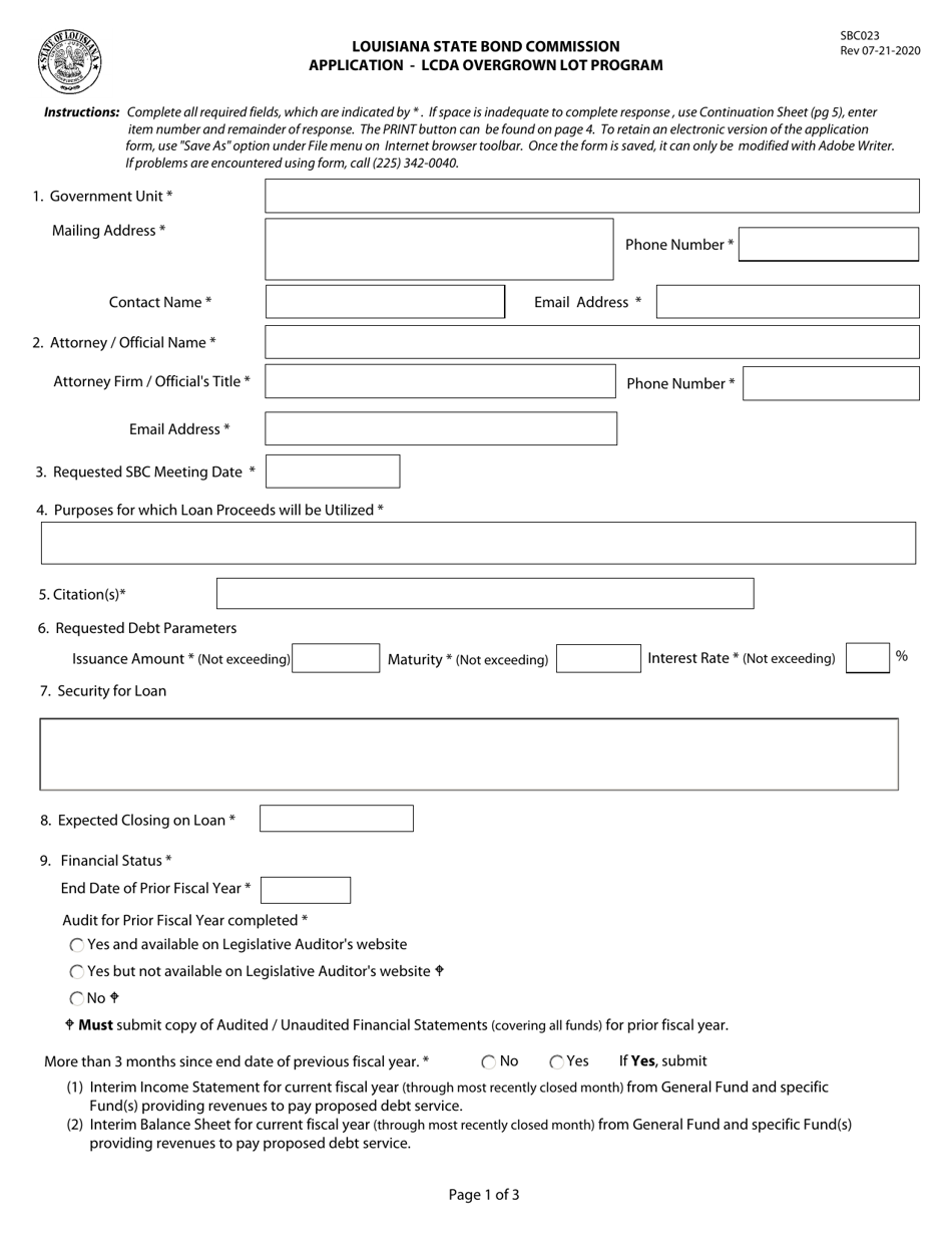 Form SBC023 Application - Lcda Overgrown Lot Program - Louisiana, Page 1