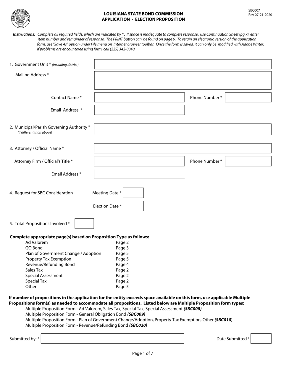 Form SBC007 Application - Election Proposition - Louisiana, Page 1