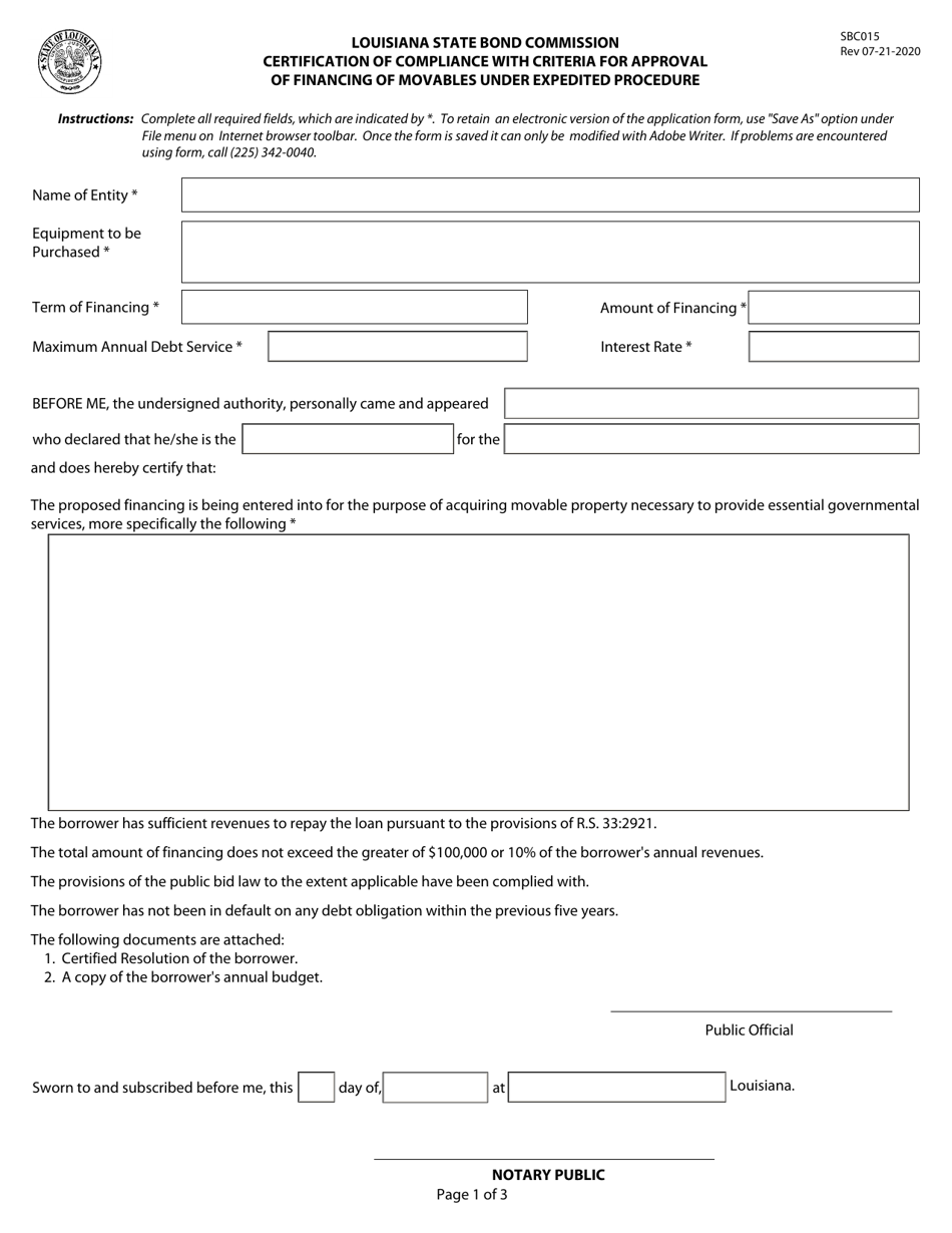 Form SBC015 Certification of Compliance With Criteria for Approval of Financing of Movables Under Expedited Procedure - Louisiana, Page 1