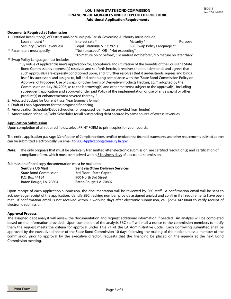 Form SBC015 Certification of Compliance With Criteria for Approval of Financing of Movables Under Expedited Procedure - Louisiana, Page 3