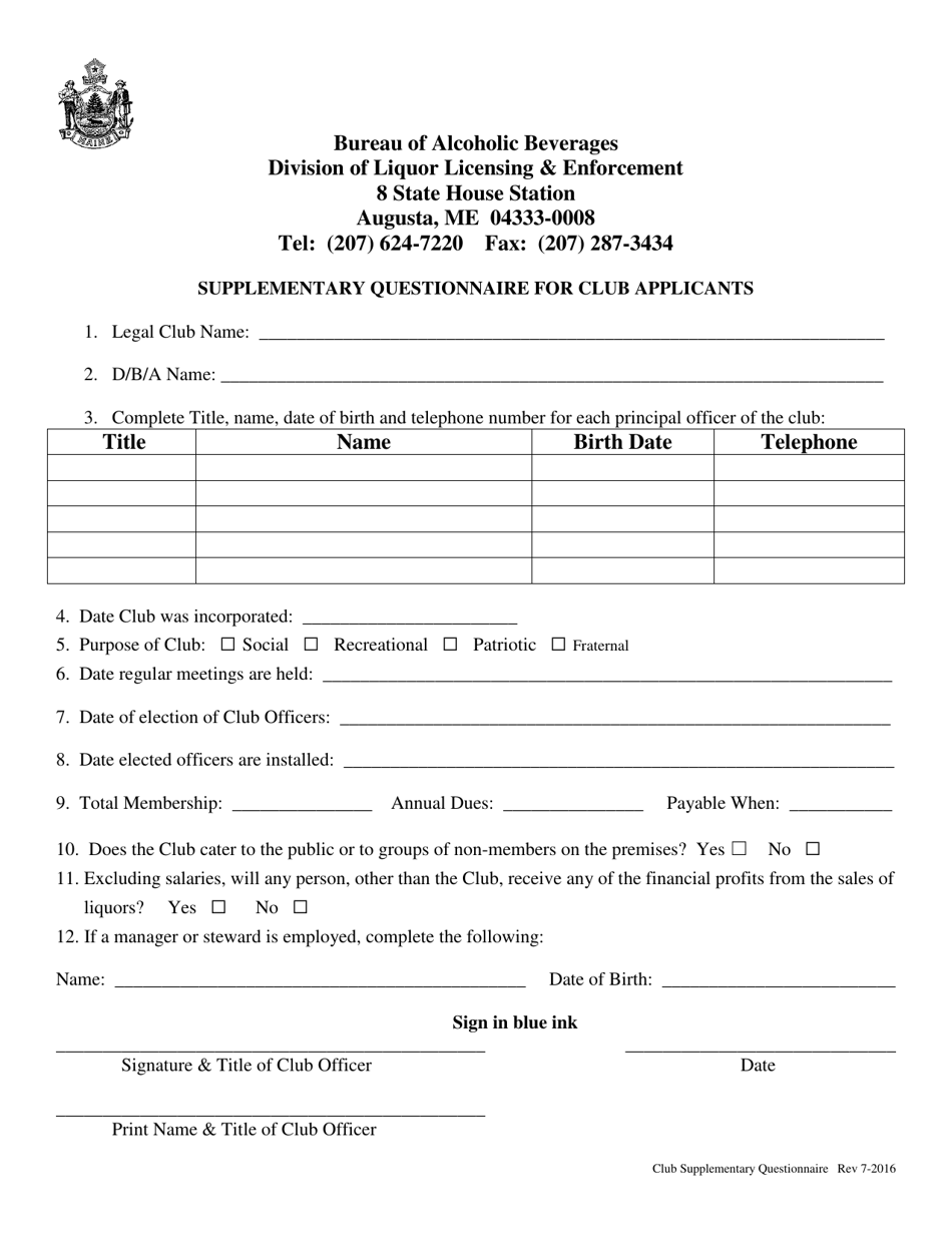 Supplementary Questionnaire for Club Applicants - Maine, Page 1