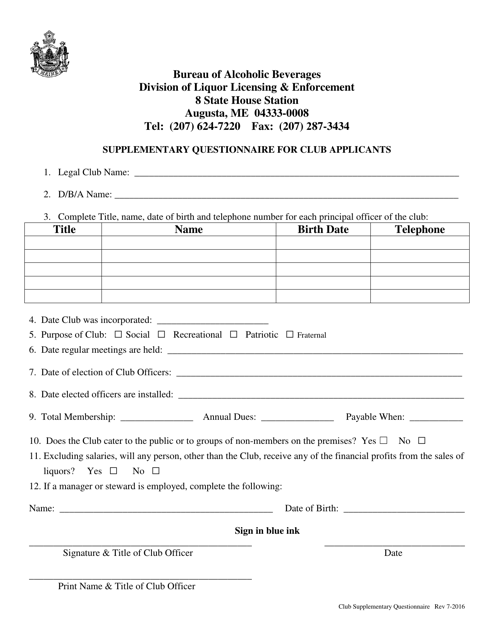 Supplementary Questionnaire for Club Applicants - Maine