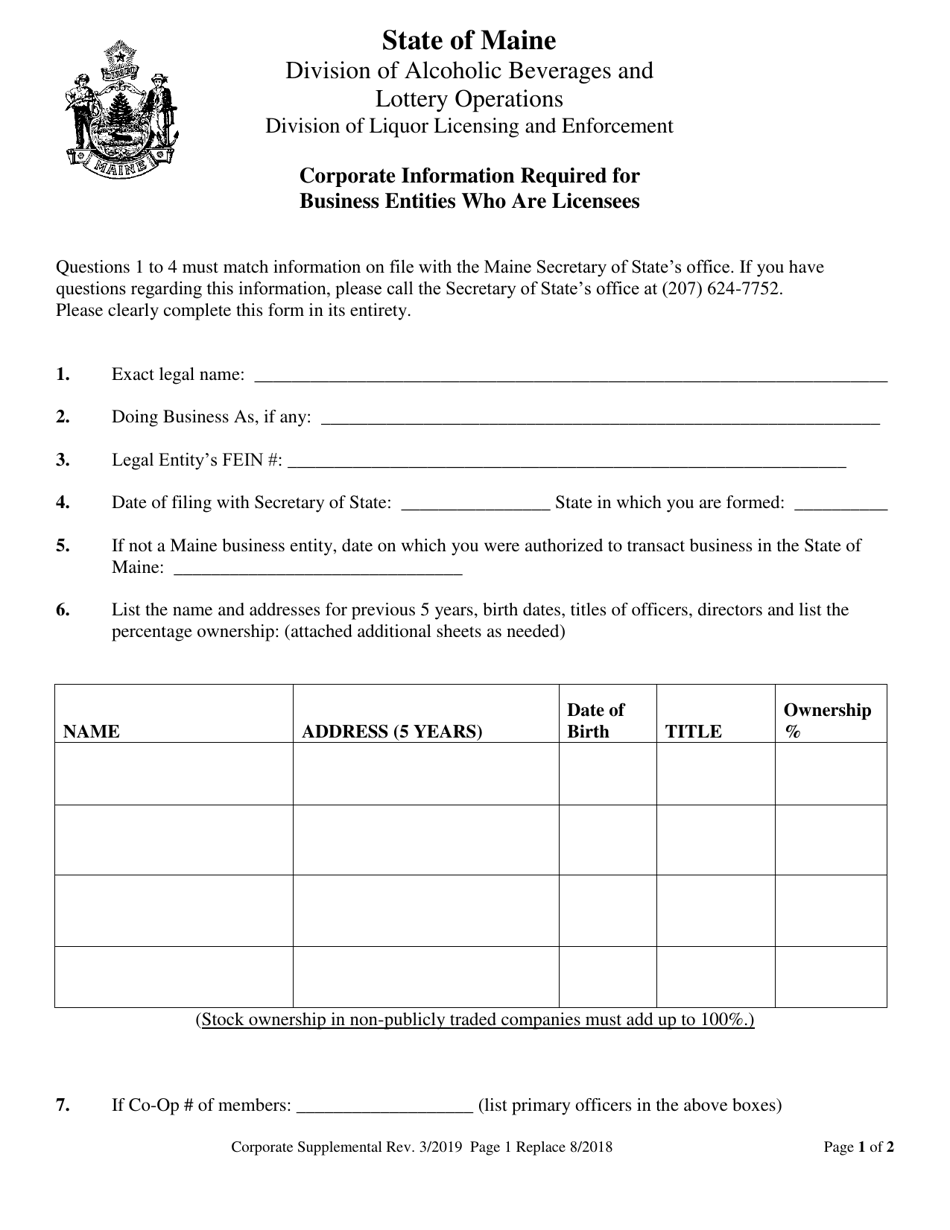 Corporate Information Required for Business Entities Who Are Licensees - Maine, Page 1