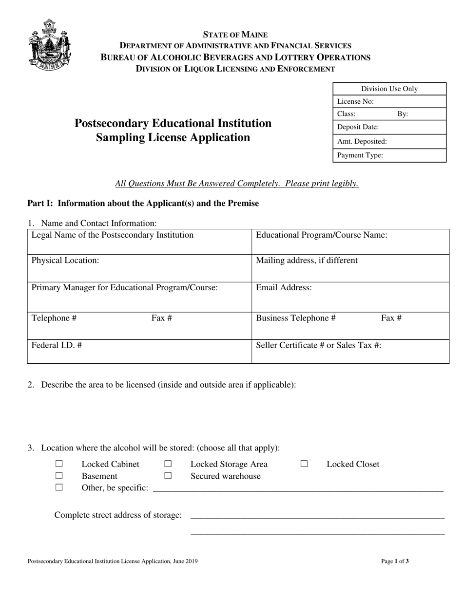Postsecondary Educational Institution Sampling License Application - Maine, Page 1