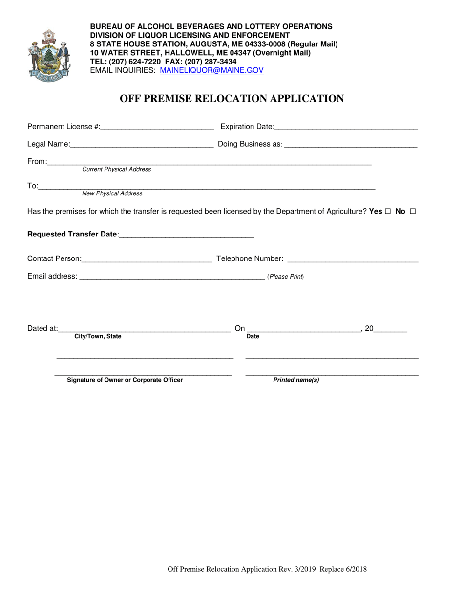 Off Premise Relocation Application - Maine, Page 1