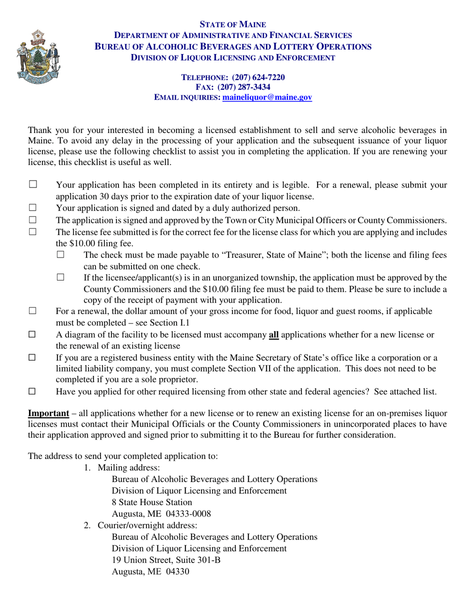 Application for an on-Premises License - Maine, Page 1