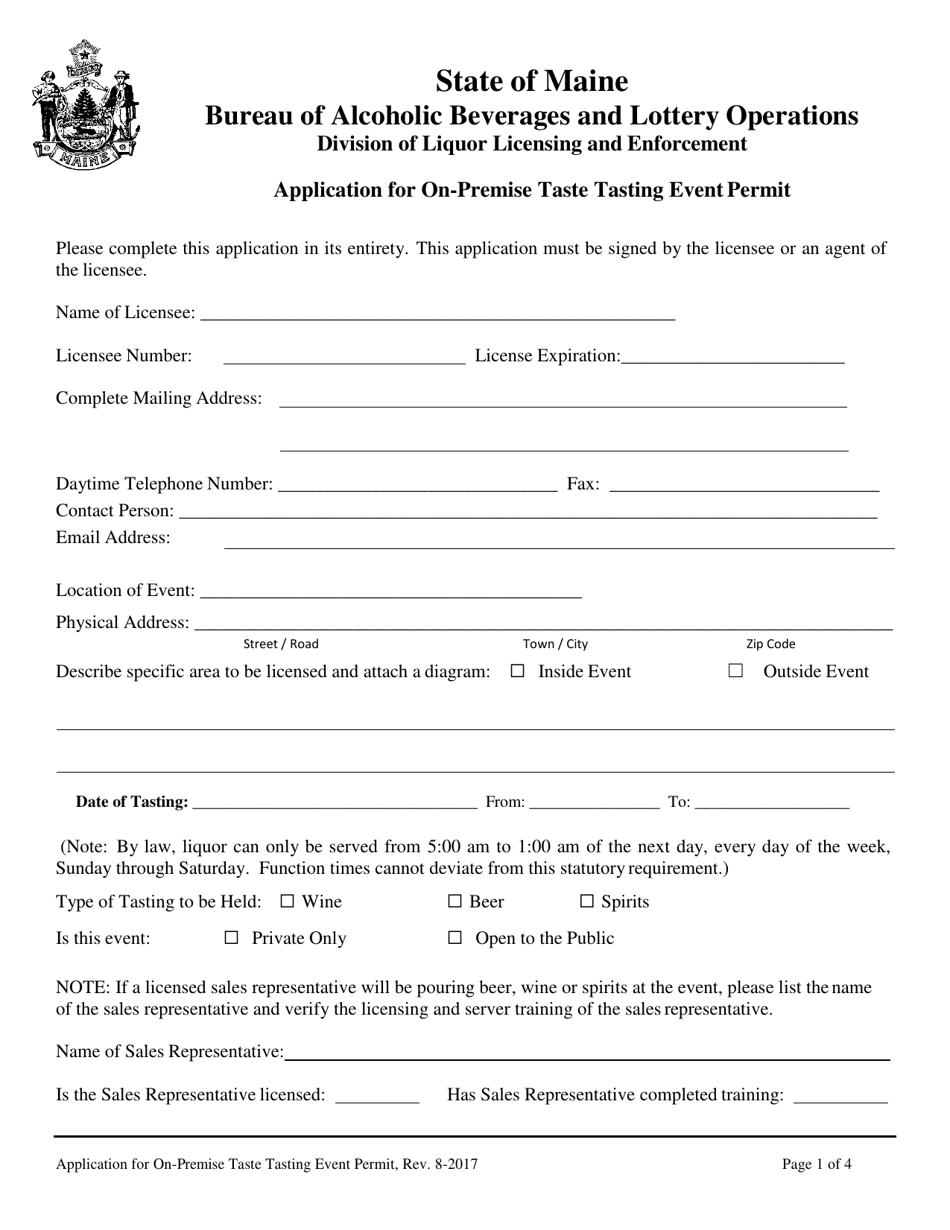 Application for on-Premise Taste Tasting Event Permit - Maine, Page 1