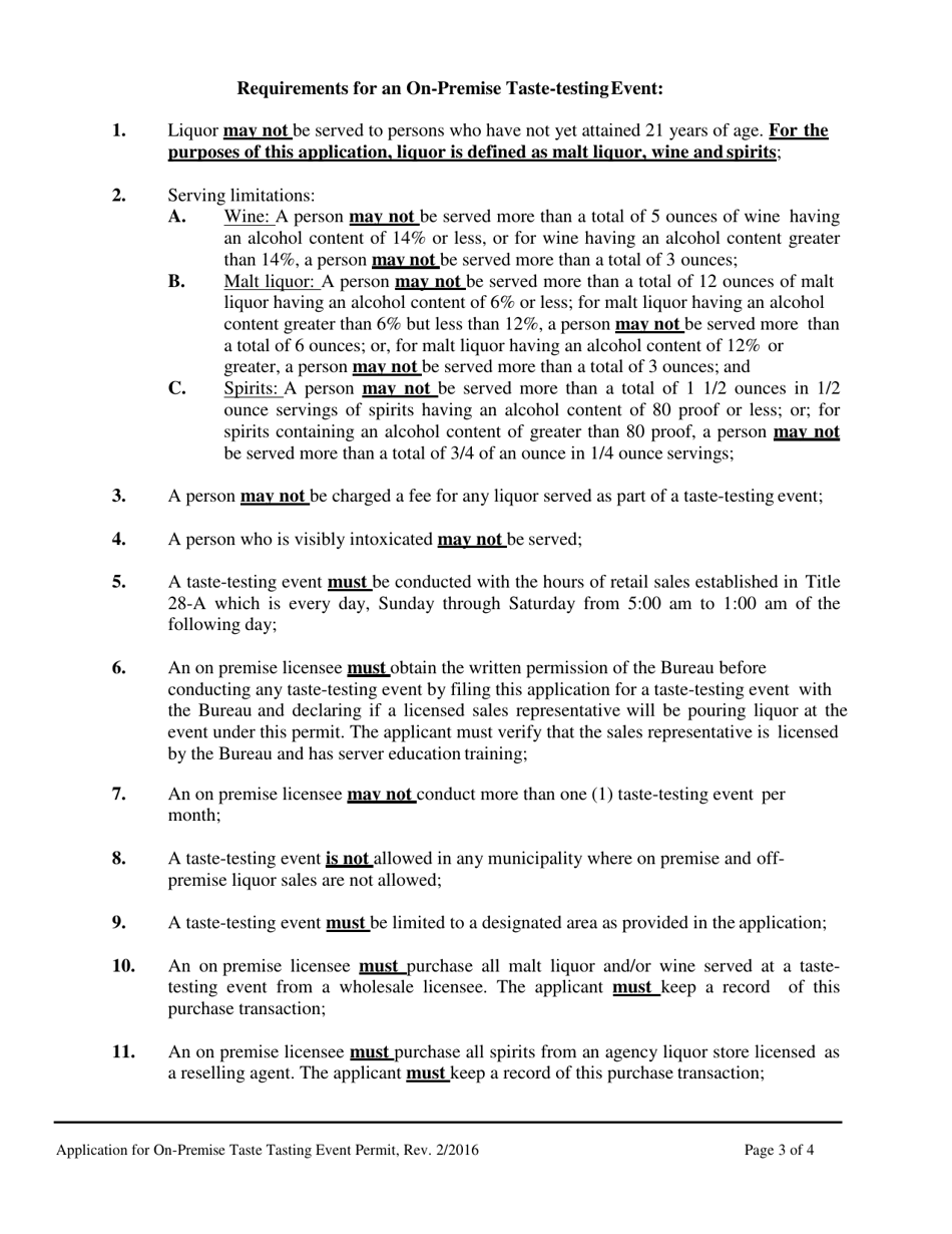 Application for on-Premise Taste Tasting Event Permit - Maine, Page 3