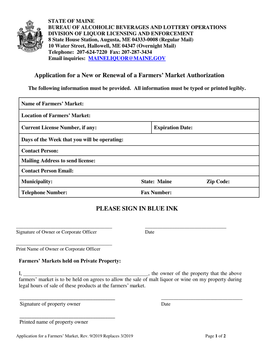Application for a New or Renewal of a Farmers Market Authorization - Maine, Page 1