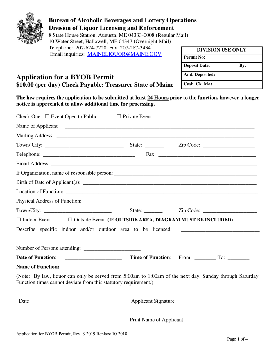 Application for a Byob Permit - Maine, Page 1