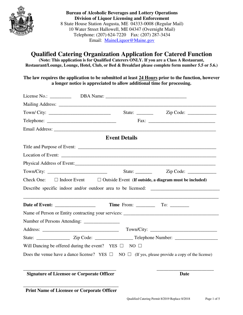 Qualified Catering Organization Application for Catered Function - Maine, Page 1