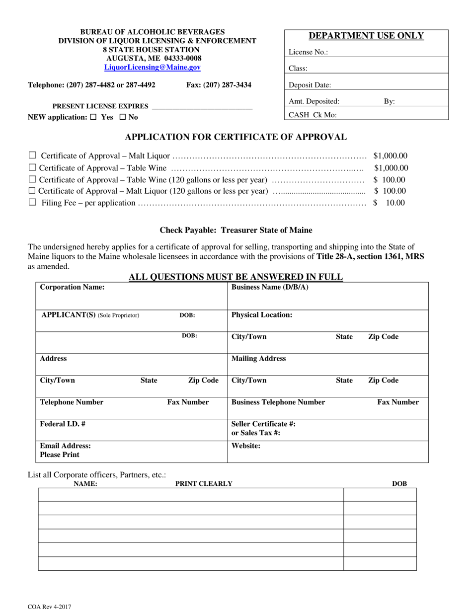 Application for Certificate of Approval - Maine, Page 1