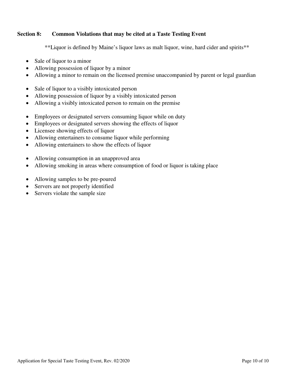 Application for Special Taste Testing Event License - Maine, Page 10