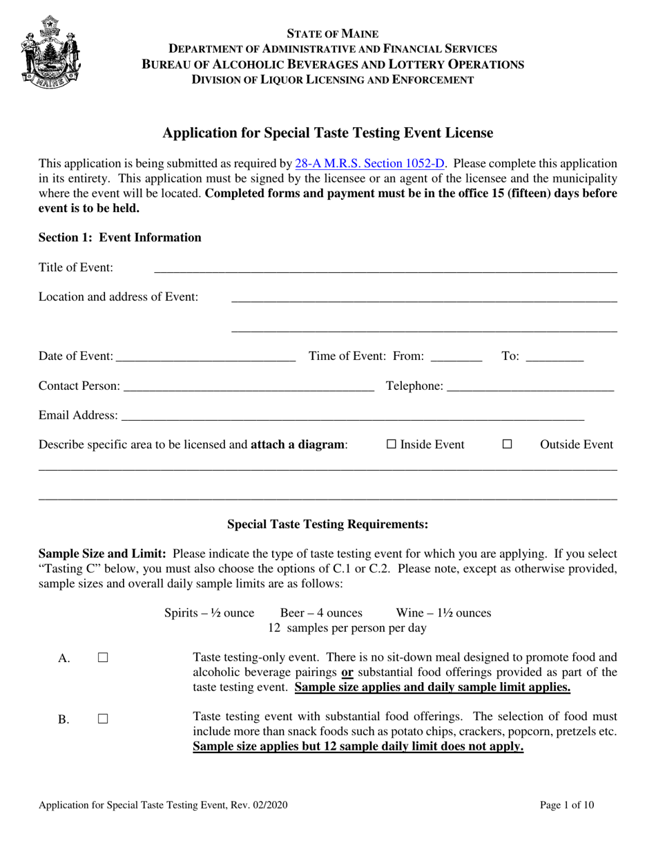 Application for Special Taste Testing Event License - Maine, Page 1