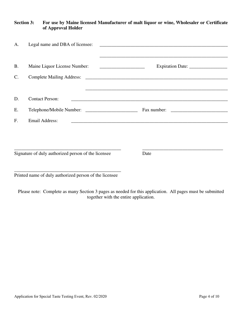 Application for Special Taste Testing Event License - Maine, Page 4