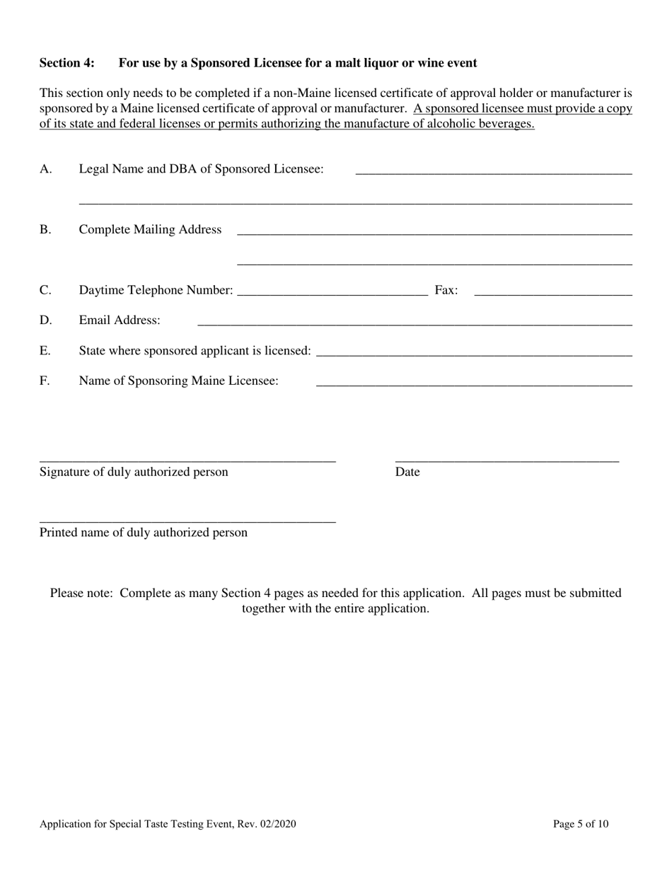 Application for Special Taste Testing Event License - Maine, Page 5