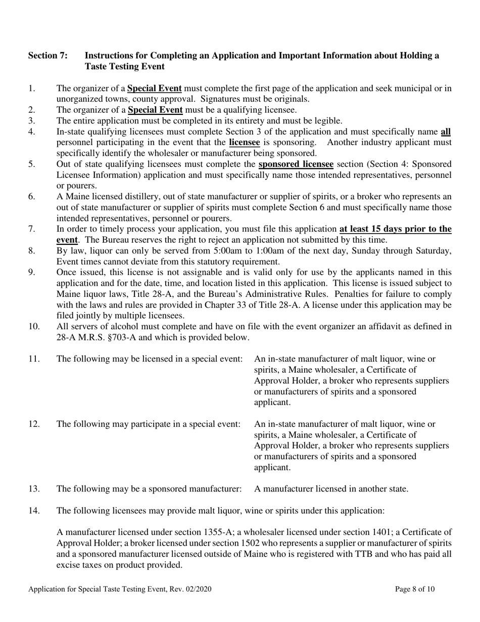 Application for Special Taste Testing Event License - Maine, Page 8