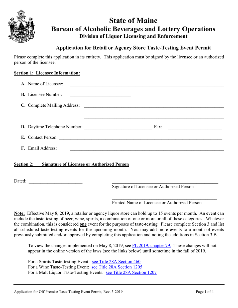 Application for Retail or Agency Store Taste-Testing Event Permit - Maine, Page 1