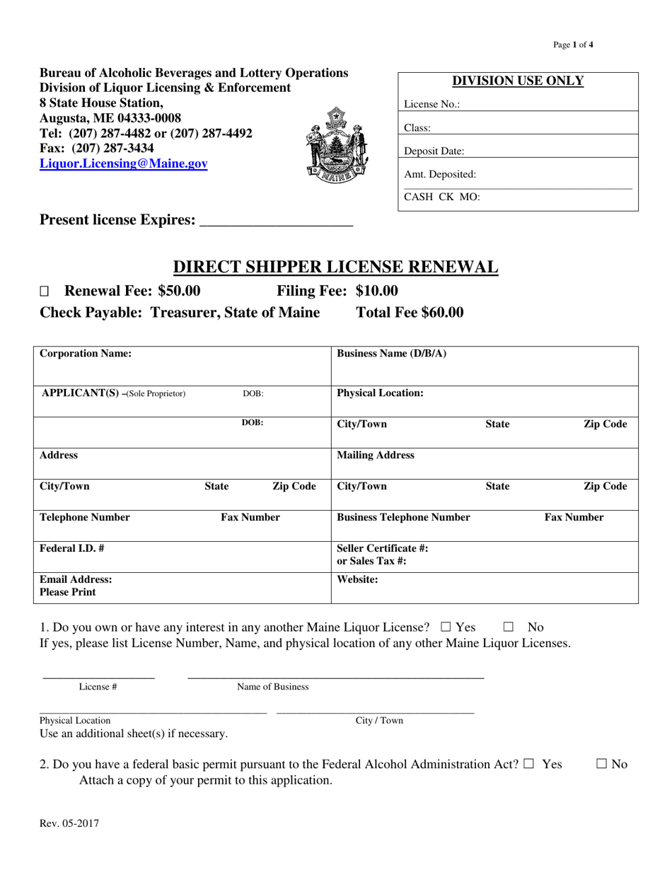 Direct Shipper License Renewal - Maine, Page 1