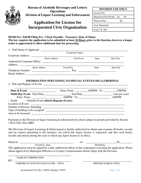 Application for License for Incorporated Civic Organization - Maine