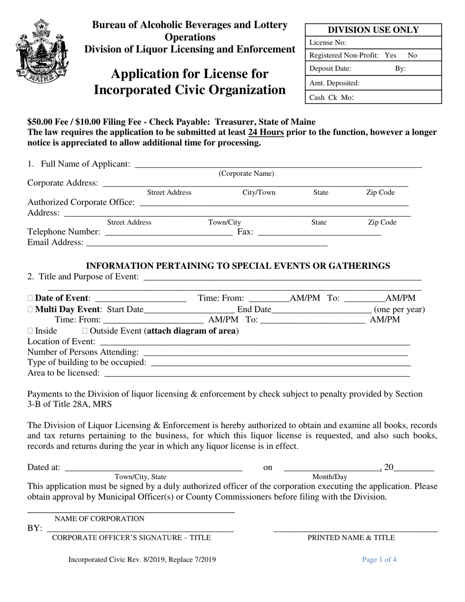 Application for License for Incorporated Civic Organization - Maine, Page 1