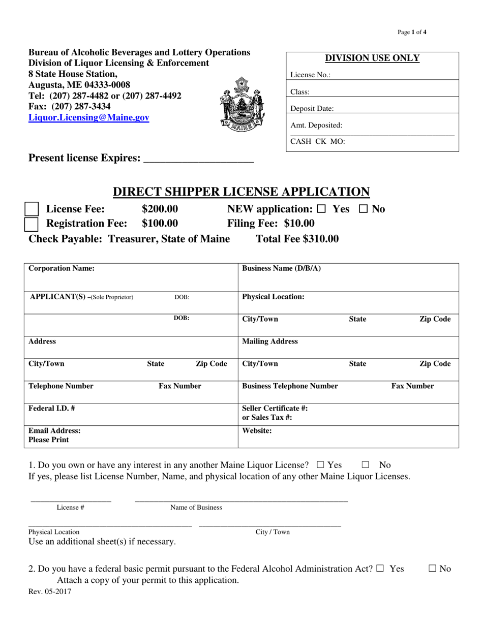 Direct Shipper License Application - Maine, Page 1