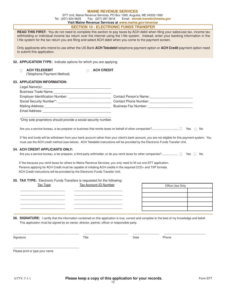 Form EFT Section 10 Electronic Funds Transfer Application - ACH Credit / Debit Method - Maine, Page 1