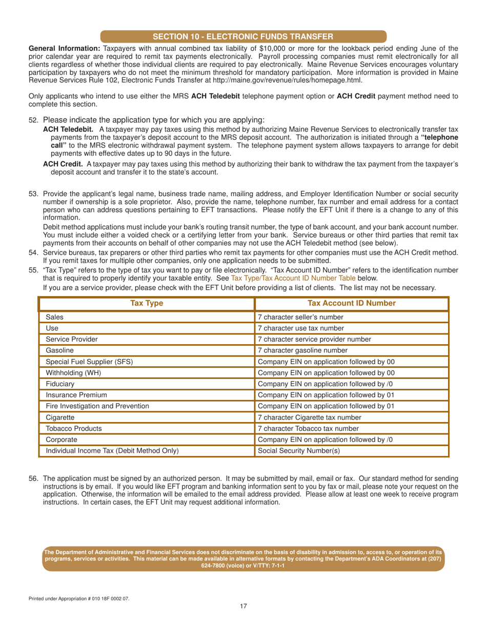 Instructions for Form EFT Section 10 Electronic Funds Transfer Application - ACH Credit / Debit Method - Maine, Page 1