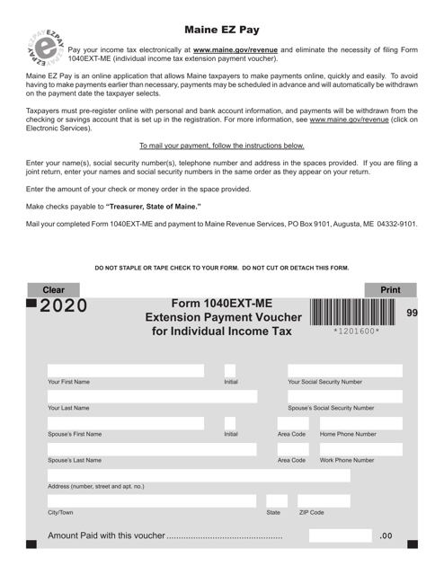 Form 1040EXT-ME Extension Payment Voucher for Individual Income Tax - Maine, 2020