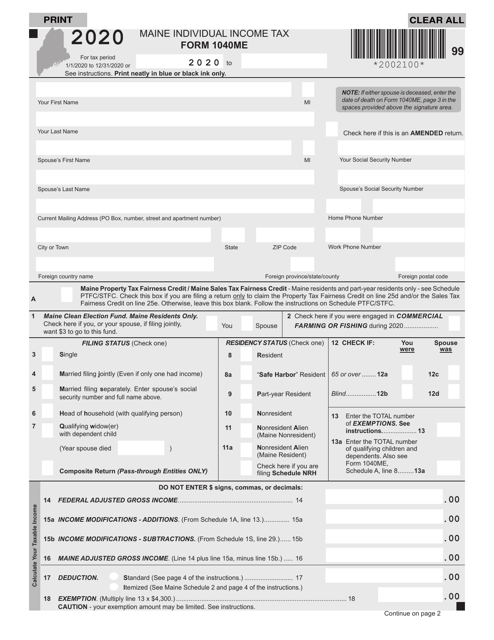 Form 1040ME 2020 Printable Pdf