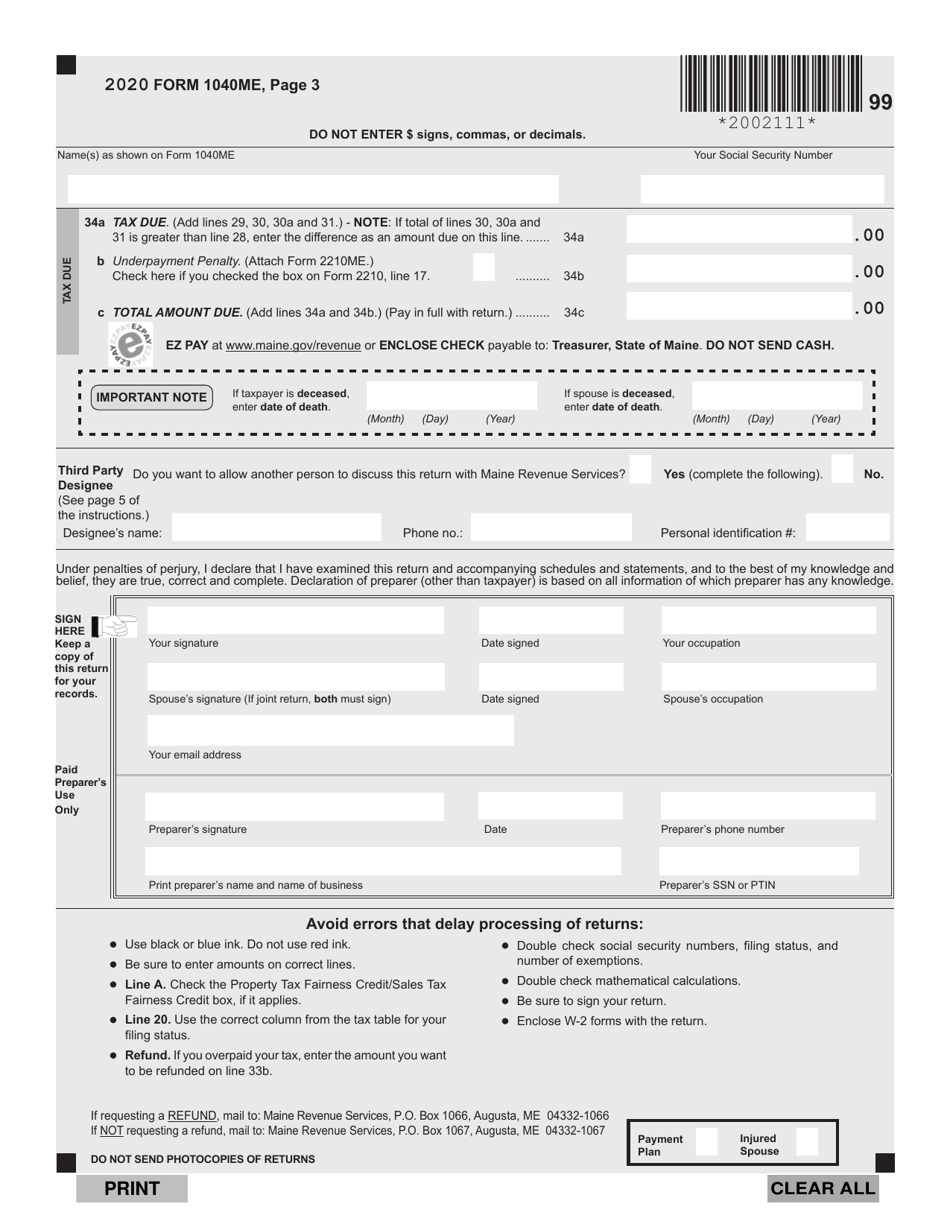 Form 1040me 2020 Fill Out Sign Online And Download Fillable Pdf Maine Templateroller 1618