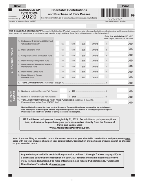 Form 1040ME Schedule CP 2020 Printable Pdf