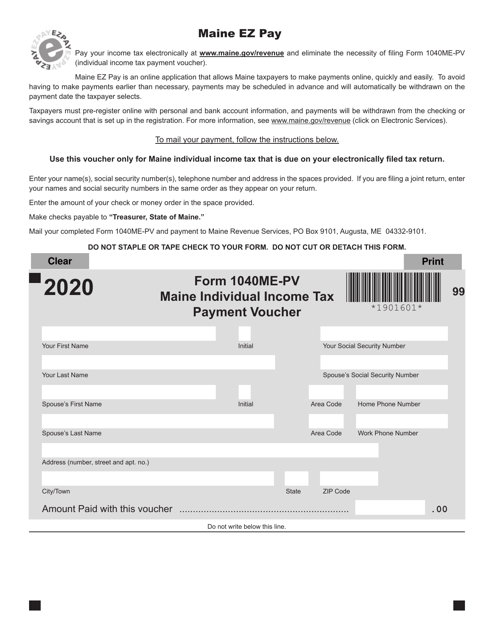 Form 1040ME-PV Maine Individual Income Tax Payment Voucher - Maine, 2020