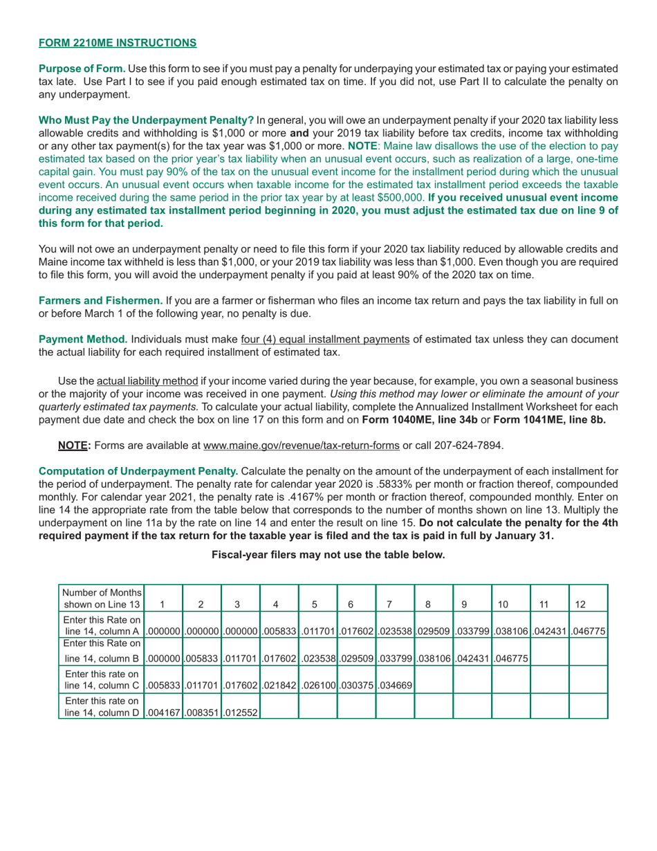 Form 2210ME Underpayment of Estimated Tax by Individuals, Estates, or Trusts - Maine, Page 2