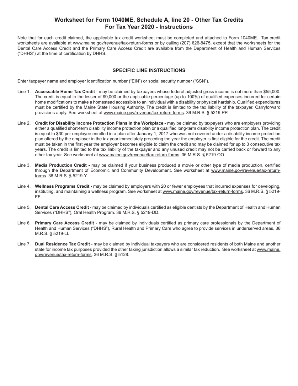 Form 1040ME Schedule A Other Tax Credits Worksheet - Maine, Page 2