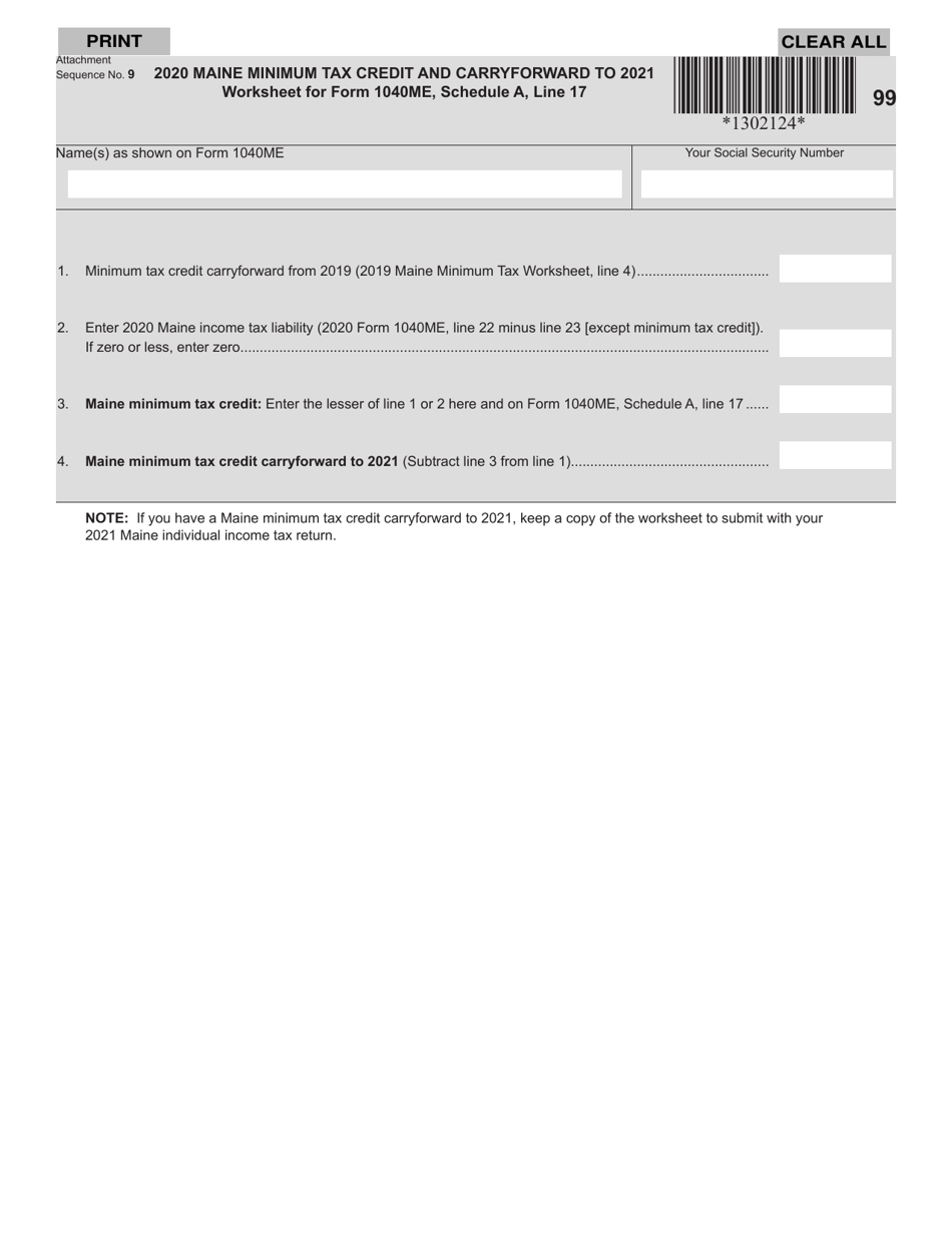 Form 1040ME Schedule A Minimum Tax Credit Worksheet - Maine, Page 1
