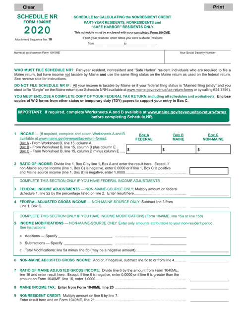 Form 1040ME Schedule NR 2020 Printable Pdf