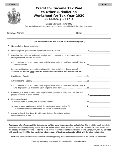 Credit for Income Tax Paid to Other Jurisdiction Worksheet - Maine Download Pdf