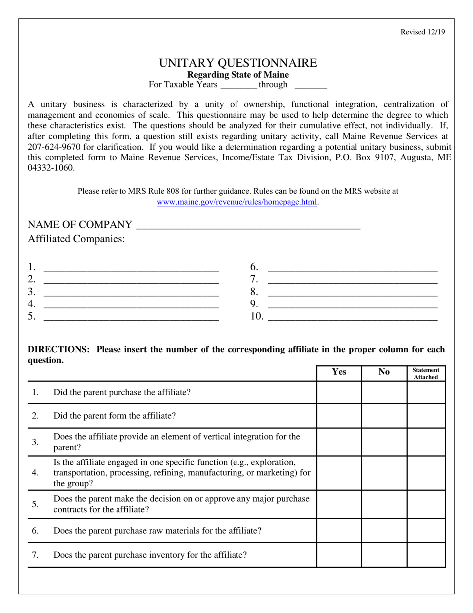 Unitary Questionnaire - Maine, Page 1