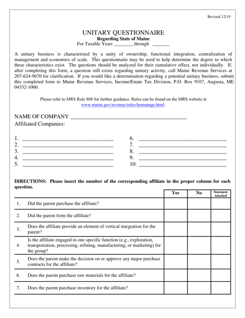 Unitary Questionnaire - Maine Download Pdf