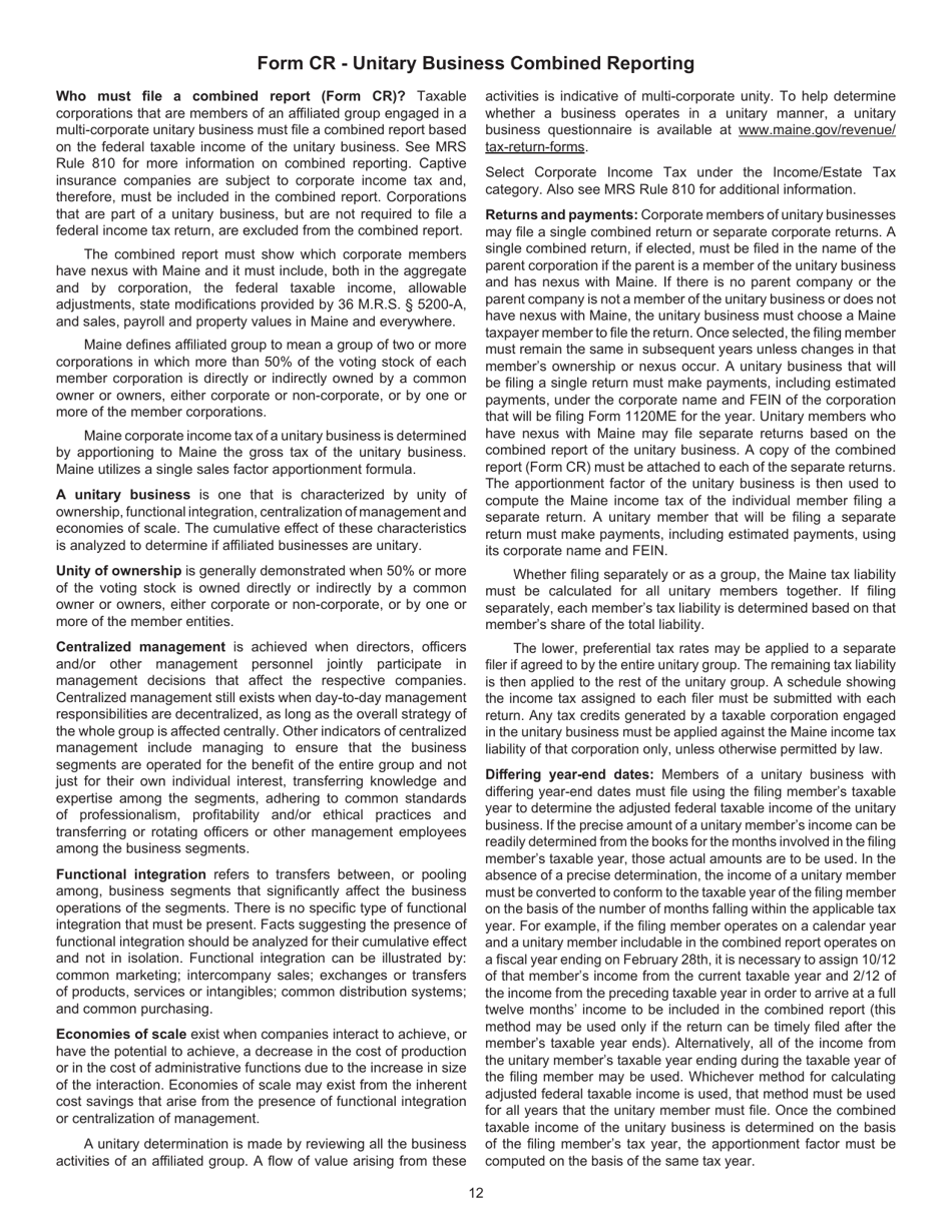 Instructions for Form 1120ME Maine Corporate Income Tax Return - Maine, Page 12