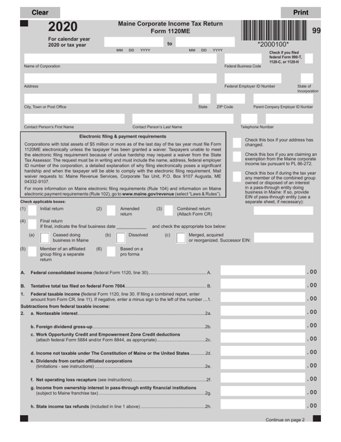 Form 1120ME Maine Corporate Income Tax Return - Maine, 2020