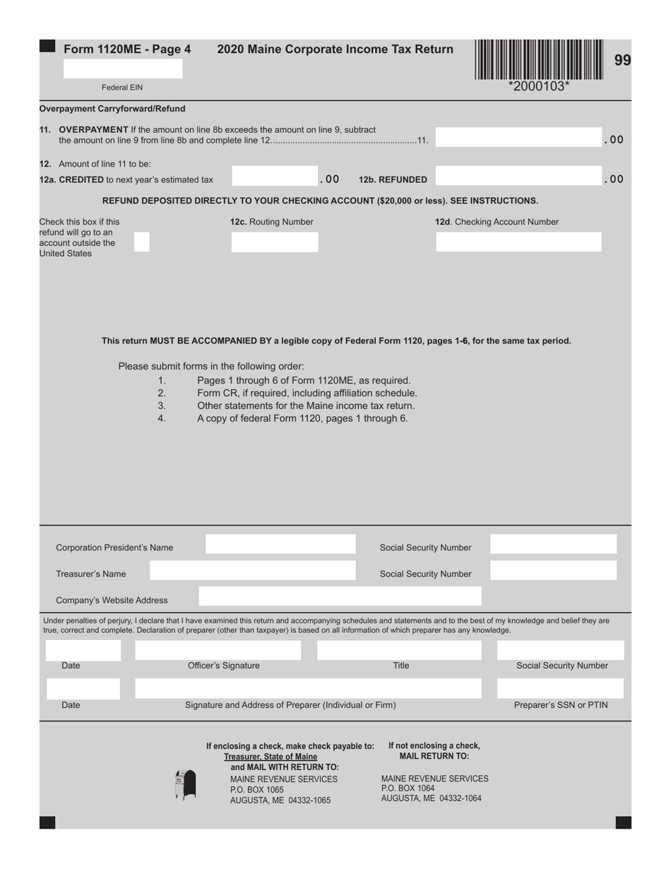Form 1120ME Maine Corporate Income Tax Return - Maine, Page 4