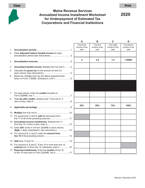 Annualized Income Installment Worksheet for Underpayment of Estimated Tax Corporations and Financial Institutions - Maine Download Pdf