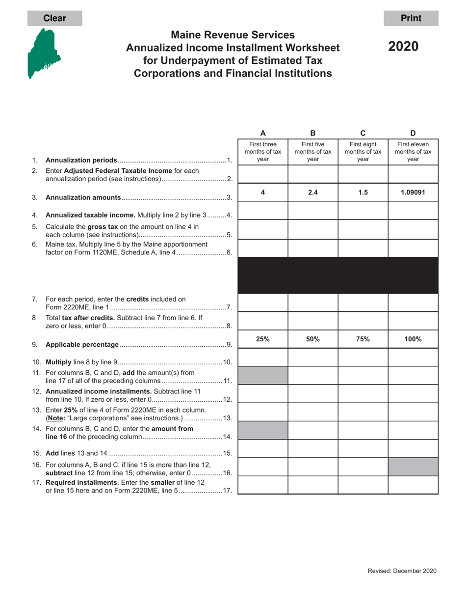 2020 Maine Annualized Installment Worksheet for Underpayment of