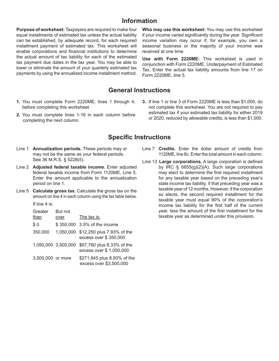 2020 Maine Annualized Income Installment Worksheet For Underpayment Of Estimated Tax 5291