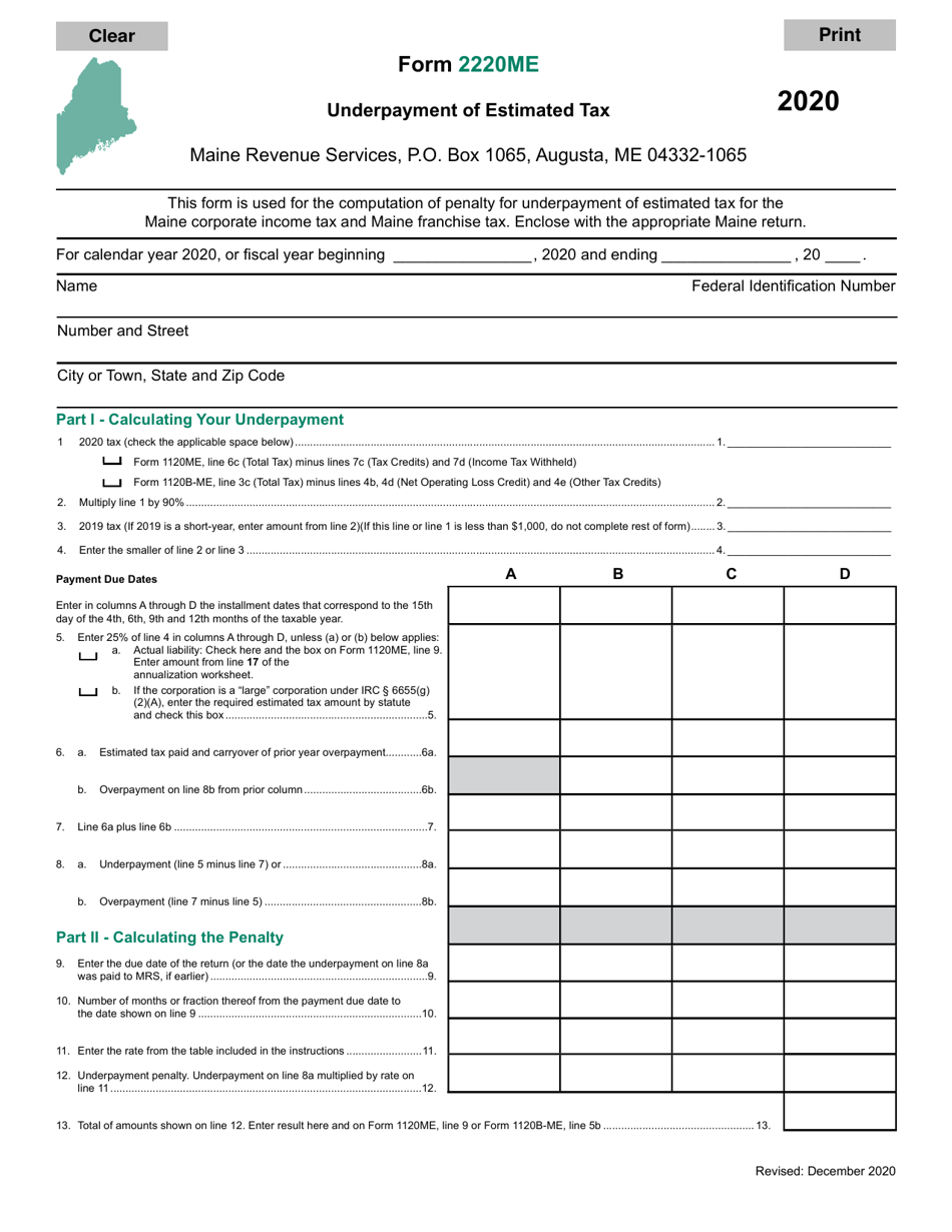 Form 2220ME Underpayment of Estimated Tax - Maine, Page 1