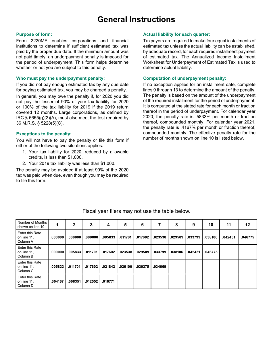 Form 2220ME Underpayment of Estimated Tax - Maine, Page 2
